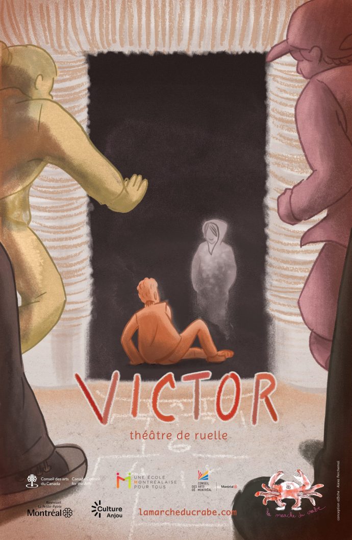Poster for the show Victor inspired by the artists Sandy Bessette, Laura Côté-Bilodeau, Mélanie Cullin, Solo Fugère, Jonathan Hardy, Xavier Malo, by Simon Fournier